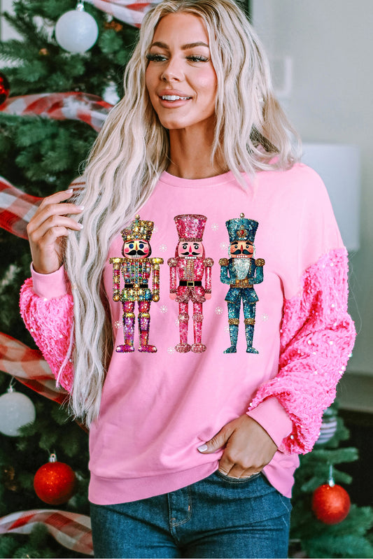 Sequined Nutcracker Pattern Patchwork Sleeve Pink Pullover Shirt