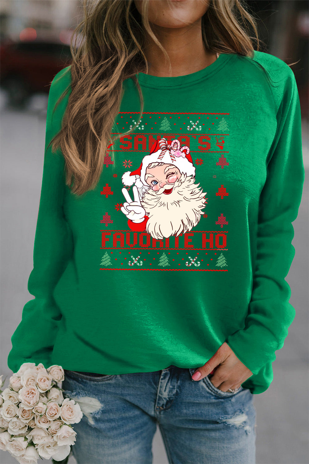 Christmas Solid Color Crew Neck Pullover Santa Pattern Sweatshirt