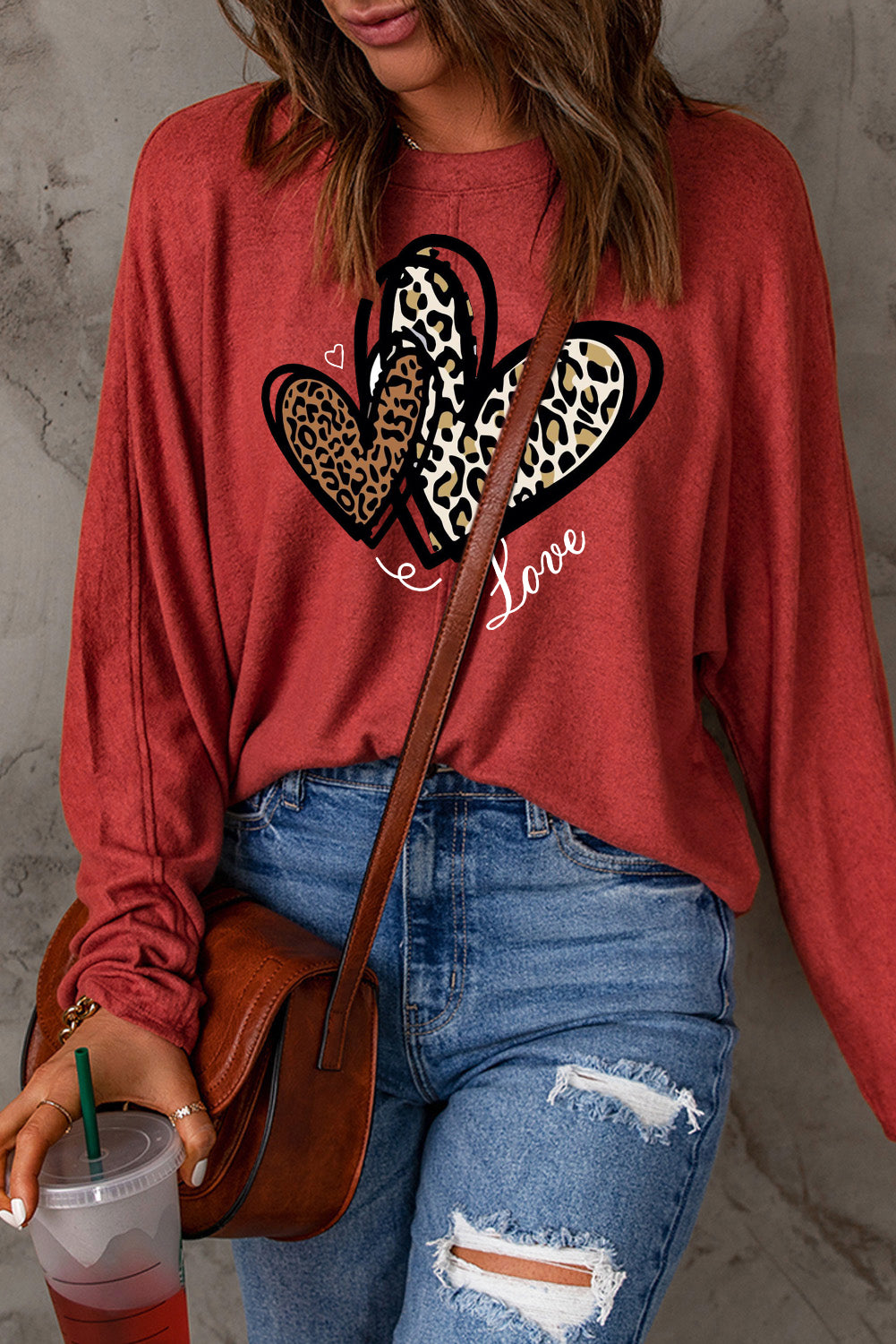 Valentine's Day Heart Leopard Print Patchwork Long Sleeve Knit Top