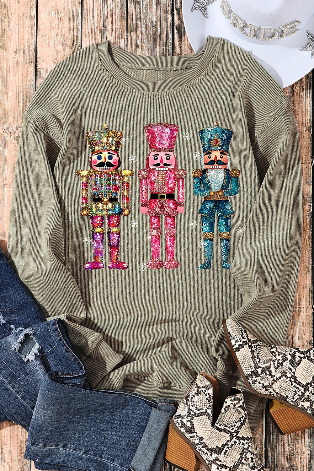 Plain Round Neck Colorful Nutcracker Pattern Pullover Sweatshirt