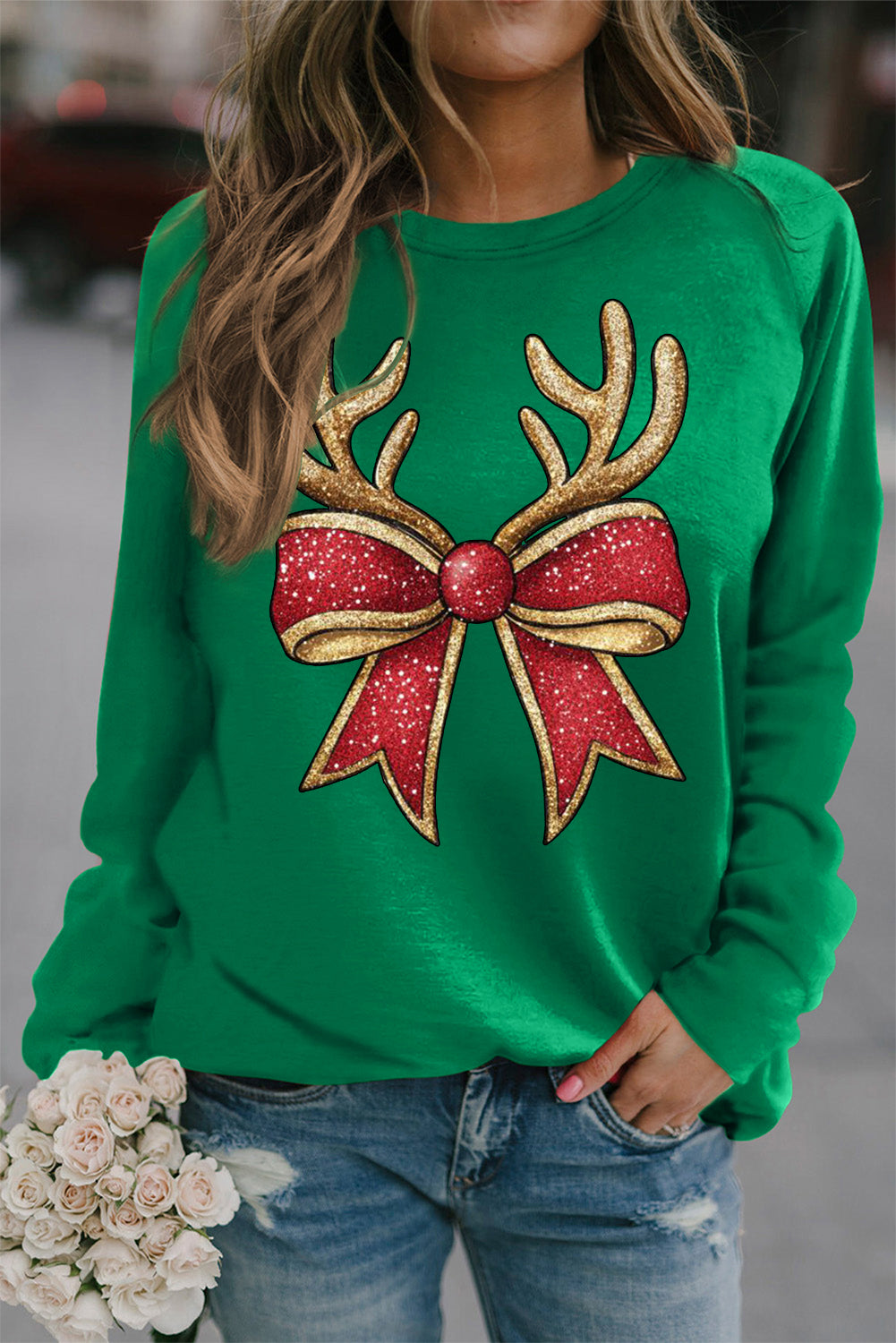 Christmas Solid Color Crew Neck Pullover Antler Bow Pattern Sweatshirt