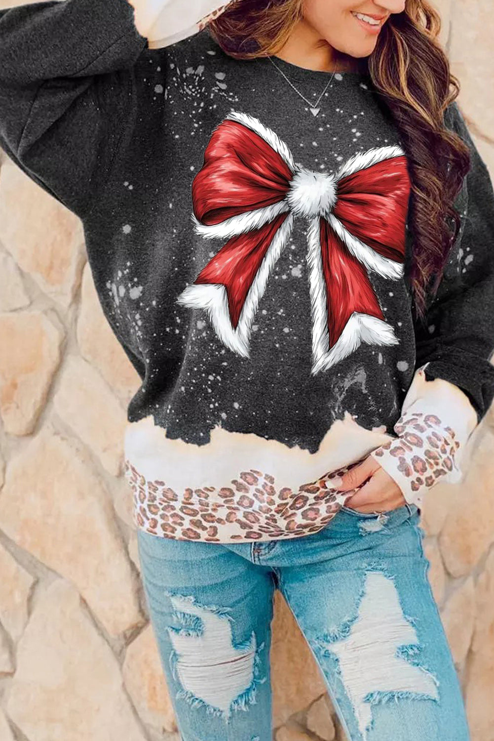 Christmas Bow Pattern Leopard Bleached Pullover Sweatshirt