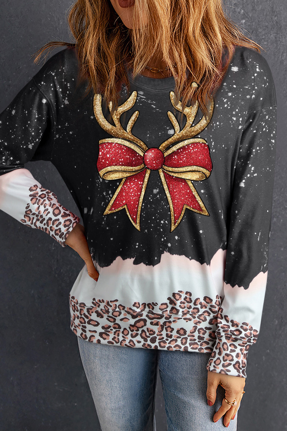 Christmas Antler Bow Bleached Pullover Sweatshirt