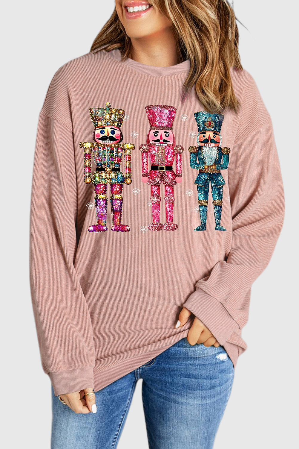 Plain Round Neck Colorful Nutcracker Pattern Pullover Sweatshirt