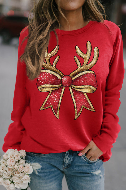 Christmas Solid Color Crew Neck Pullover Antler Bow Pattern Sweatshirt