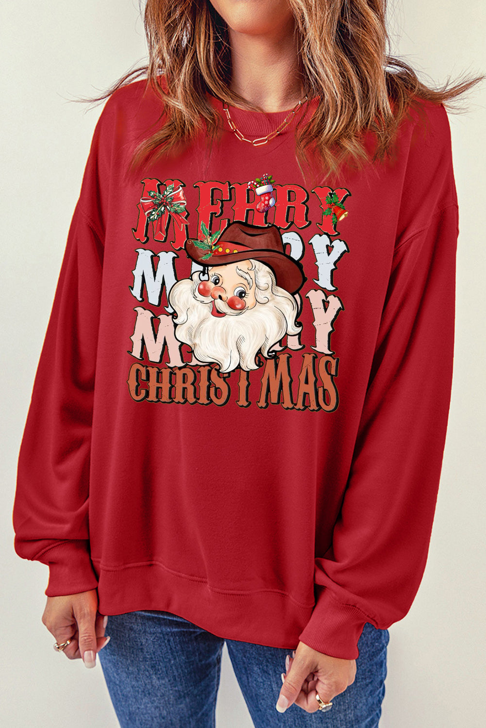 Christmas Round Neck Santa Claus Pattern Pullover Sweatshirt