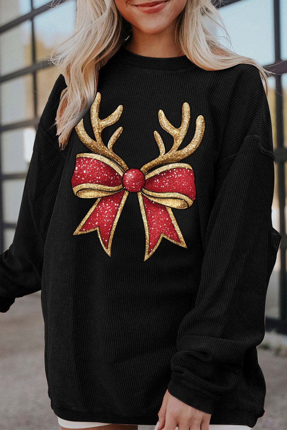 Christmas Round Neck Antler Bow Pattern Pullover Sweatshirt