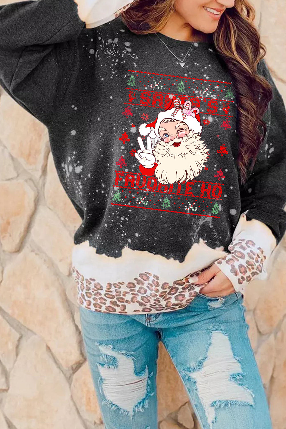 Christmas Santa Leopard Bleached Pullover Sweatshirt