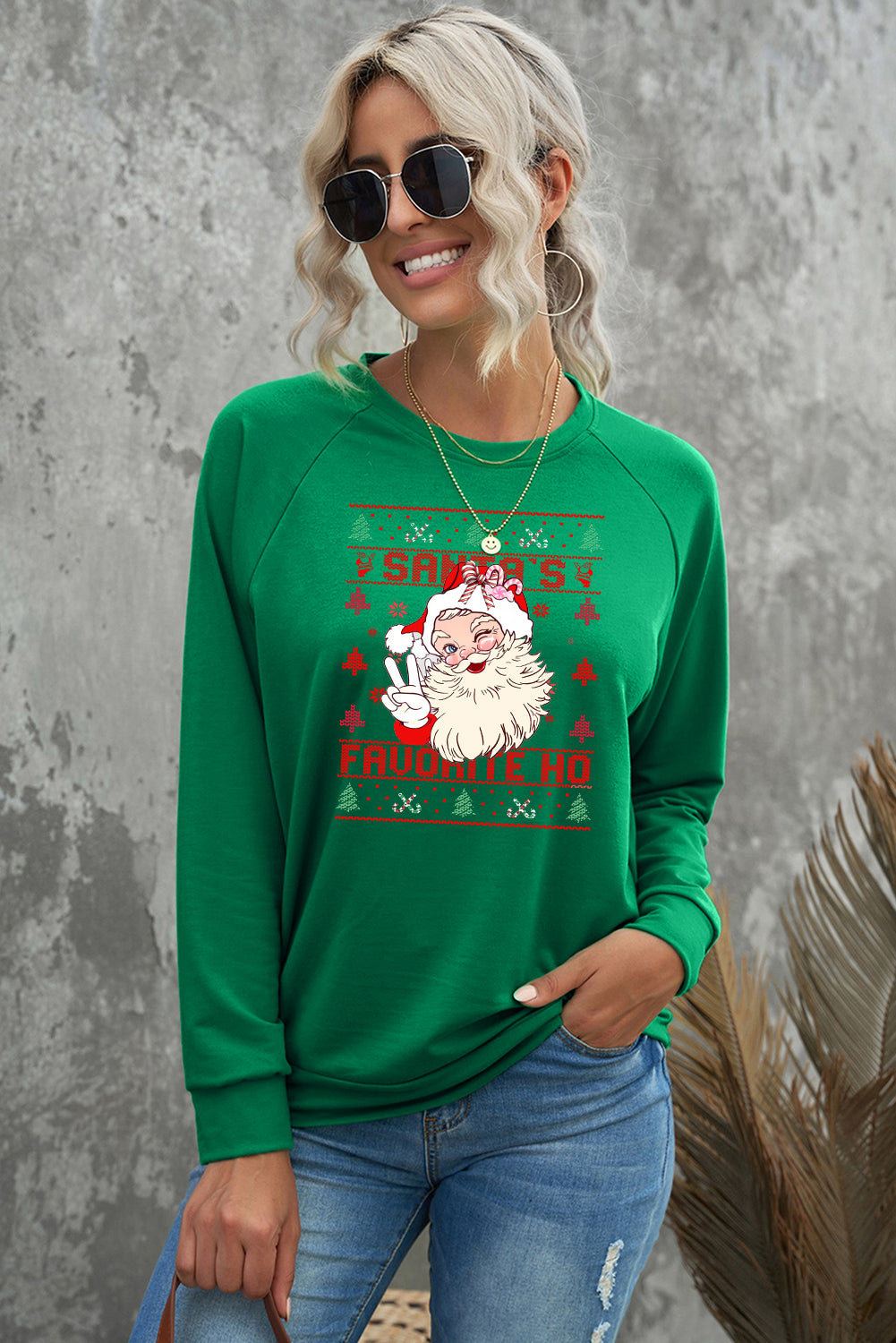 Christmas Solid Color Crew Neck Pullover Santa Pattern Sweatshirt