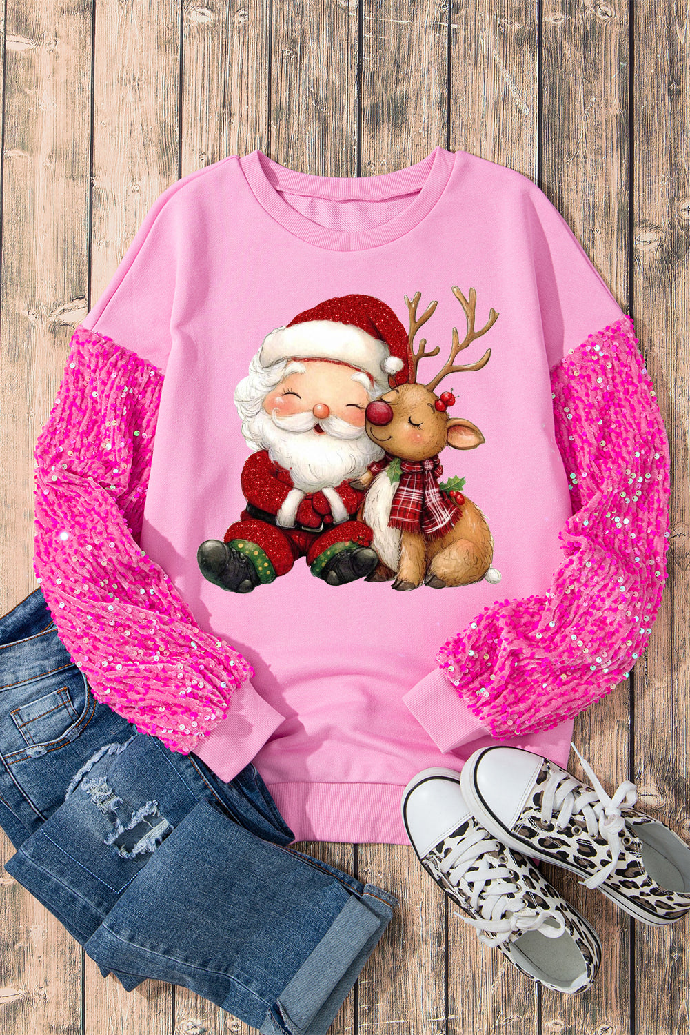 Santa Claus Pink Sequins Elk Elements Patchwork Long Sleeve Pullover Sweatshirt