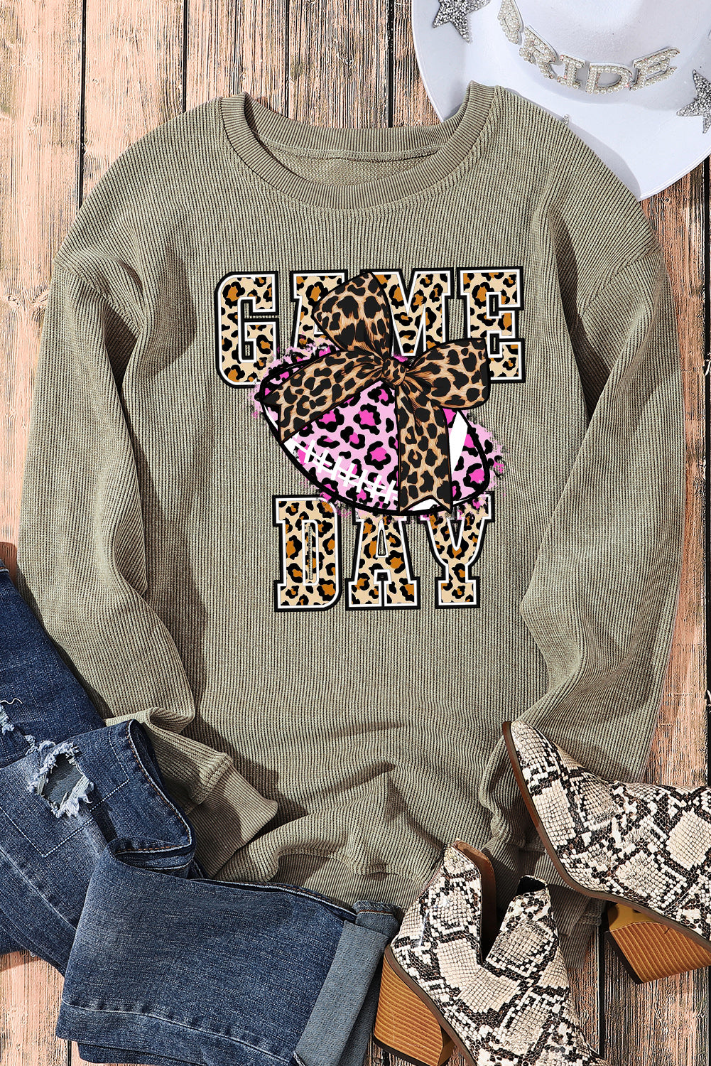 Game Day Leopard Ribbed Knit Crew Neck Pullover Sweatshirt