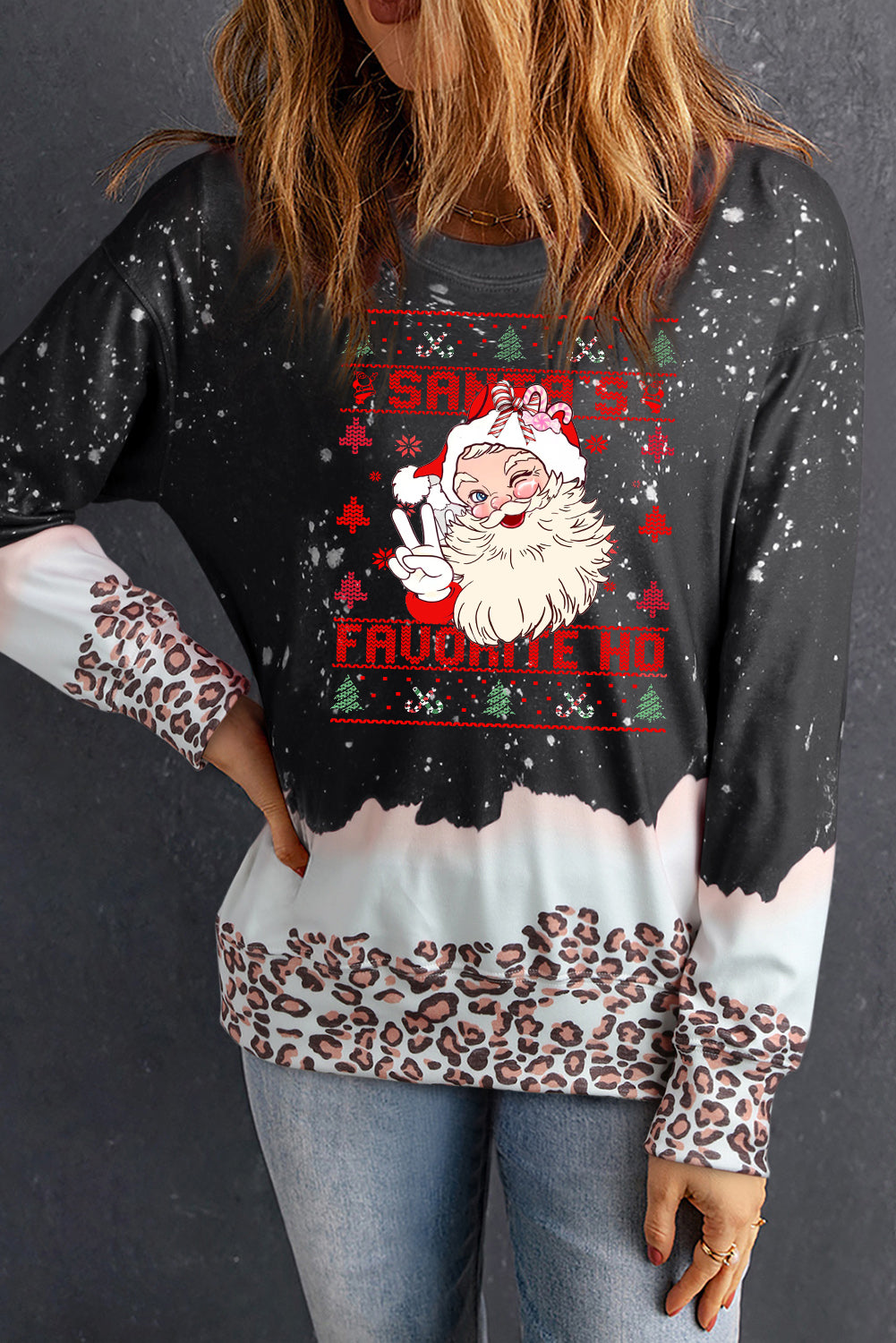 Christmas Santa Leopard Bleached Pullover Sweatshirt