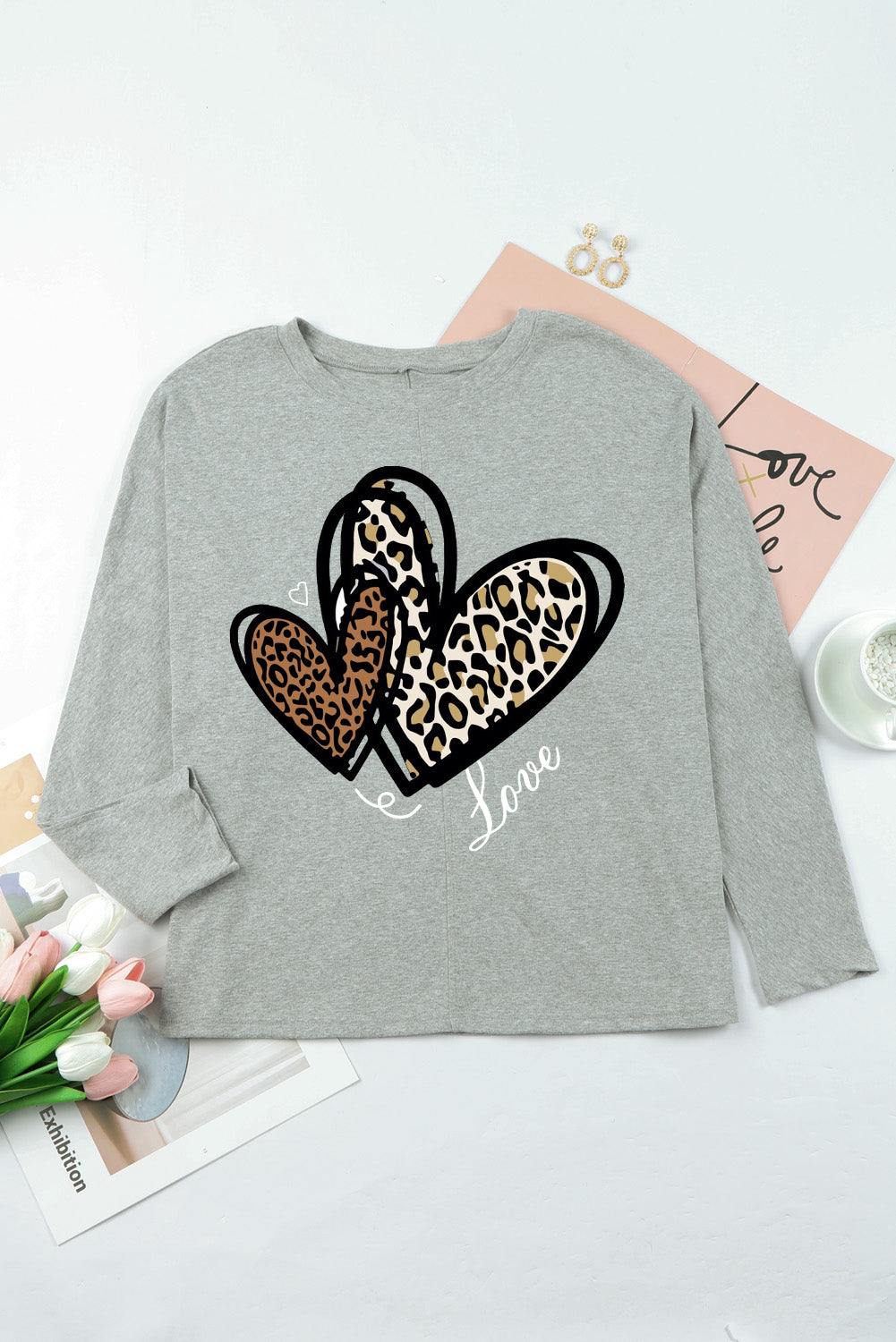 Valentine's Day Heart Leopard Print Patchwork Long Sleeve Knit Top