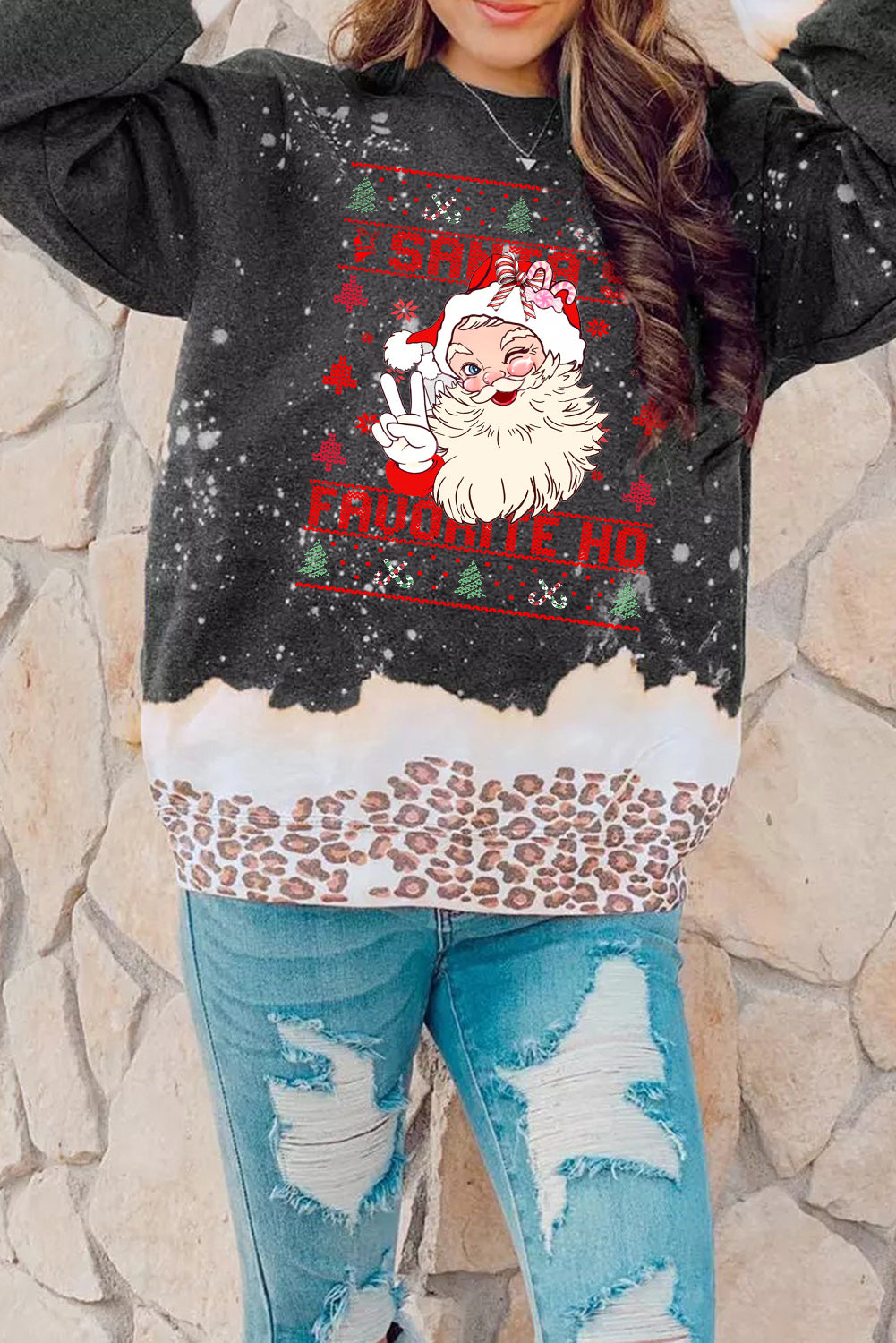 Christmas Santa Leopard Bleached Pullover Sweatshirt