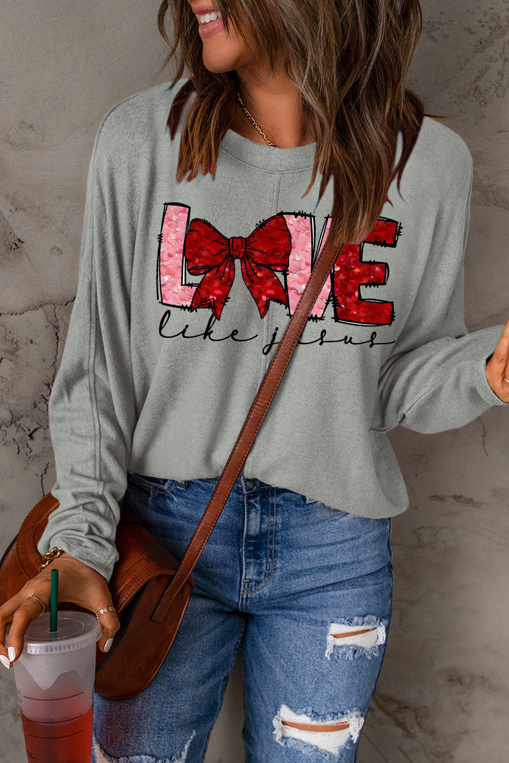 LOVE Valentine's Day Bow Patchwork Long Sleeve Knit Top