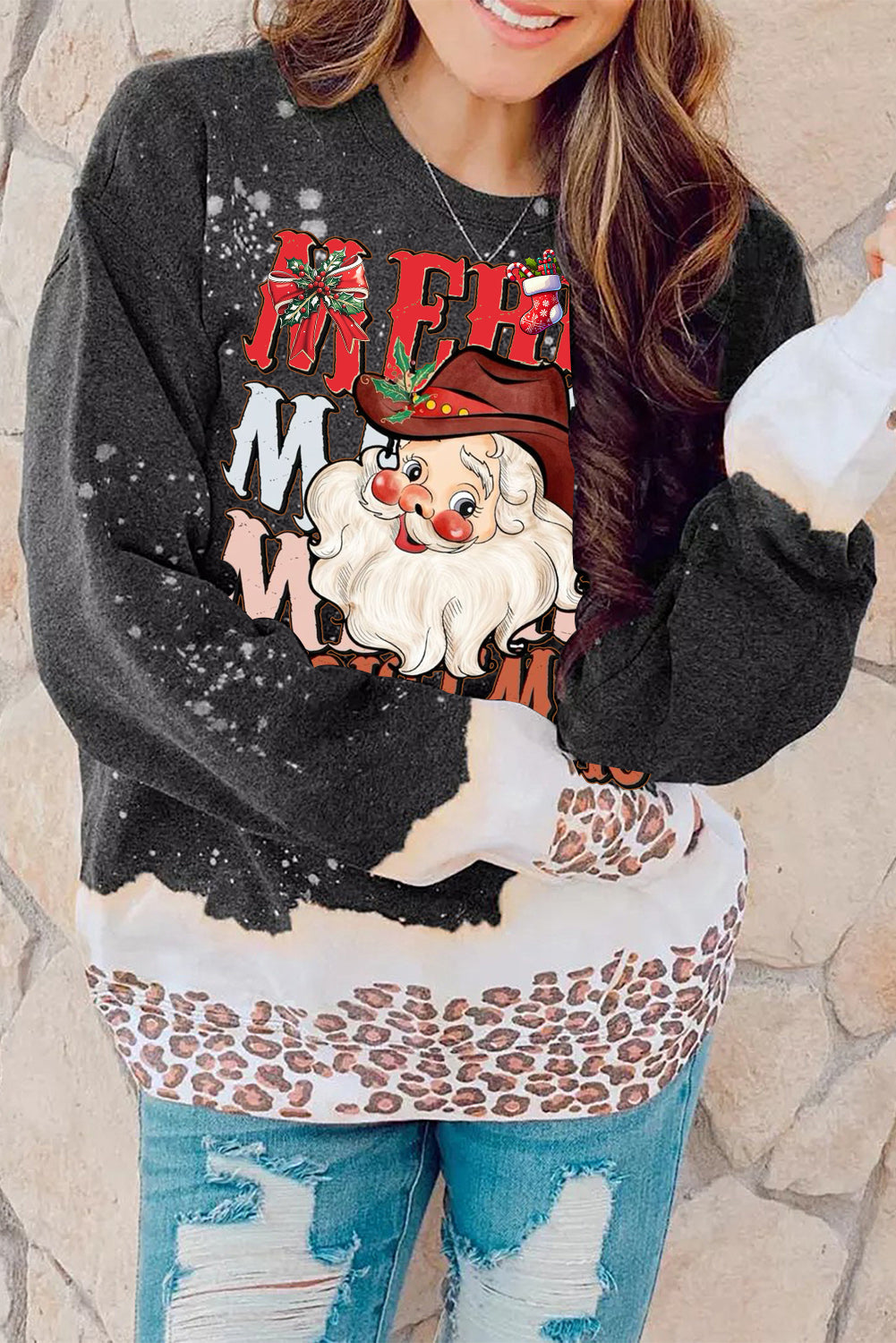 Santa Claus Pattern Black Pullover Sweatshirt