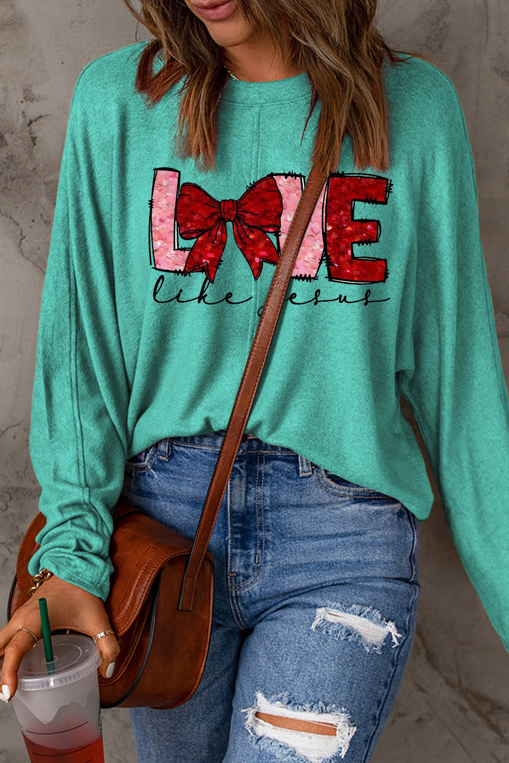 LOVE Valentine's Day Bow Patchwork Long Sleeve Knit Top