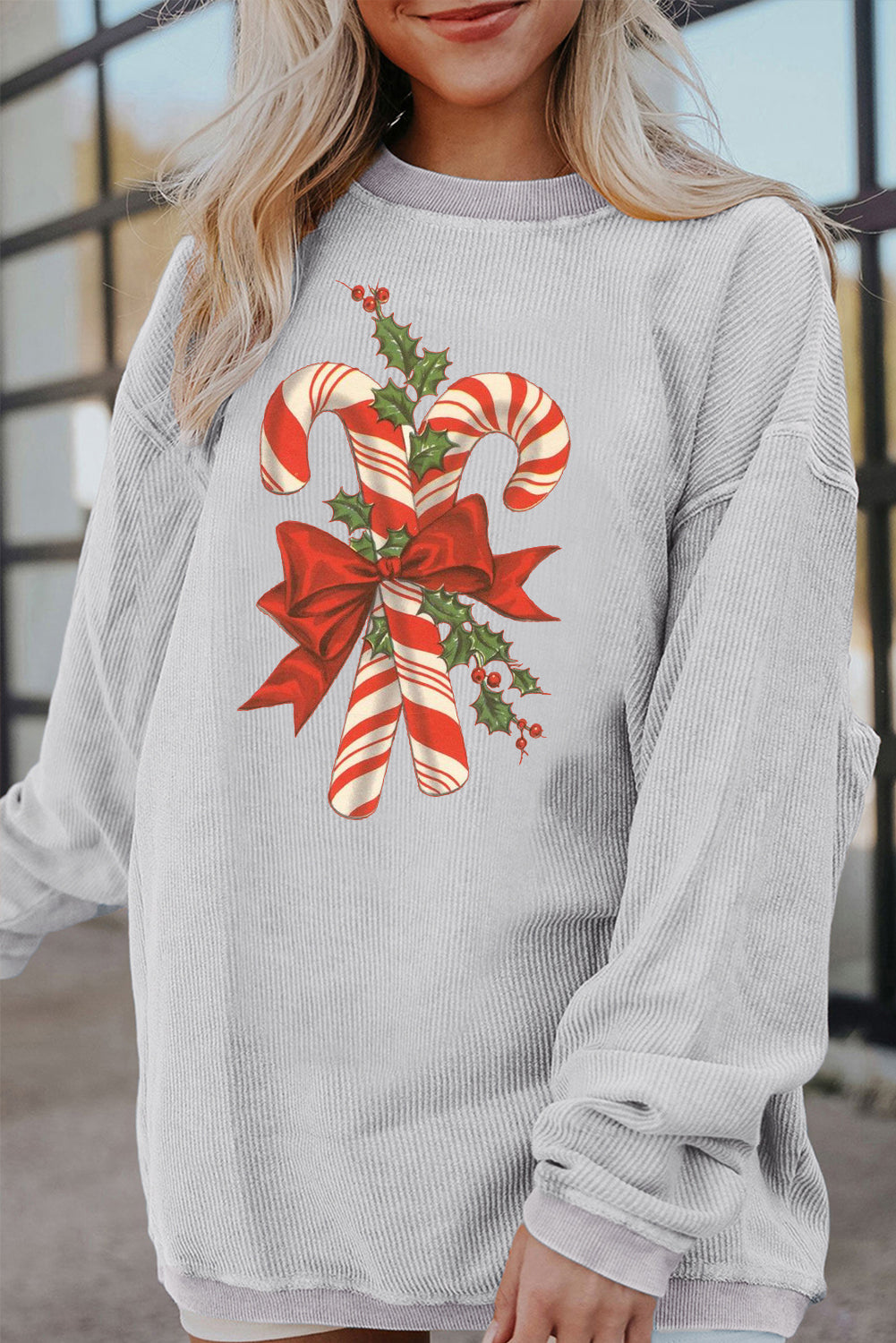 Ribbed Knit Cane Candy Bow Crew Neck Pullover Sweatshirt