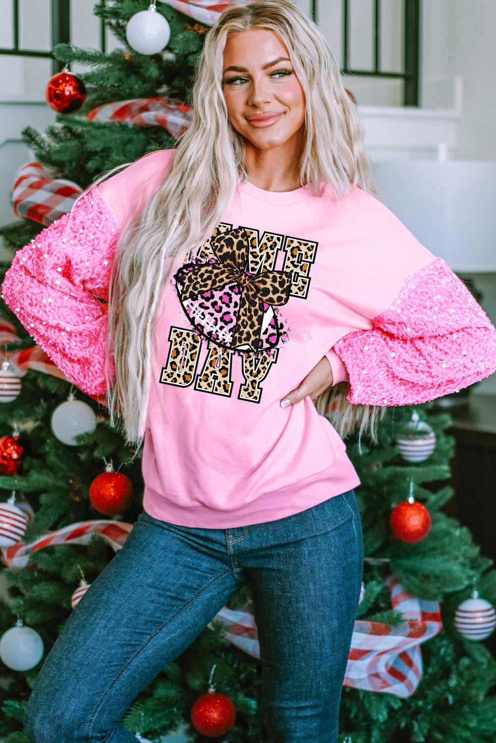 Pink Sequin Leopard Patchwork Pullover Sweater for Game Day