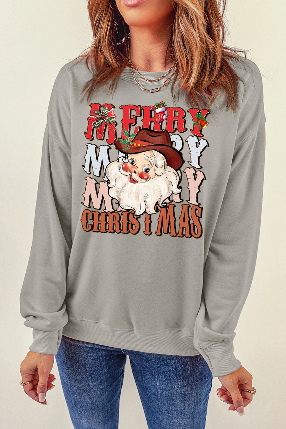 Christmas Round Neck Santa Claus Pattern Pullover Sweatshirt