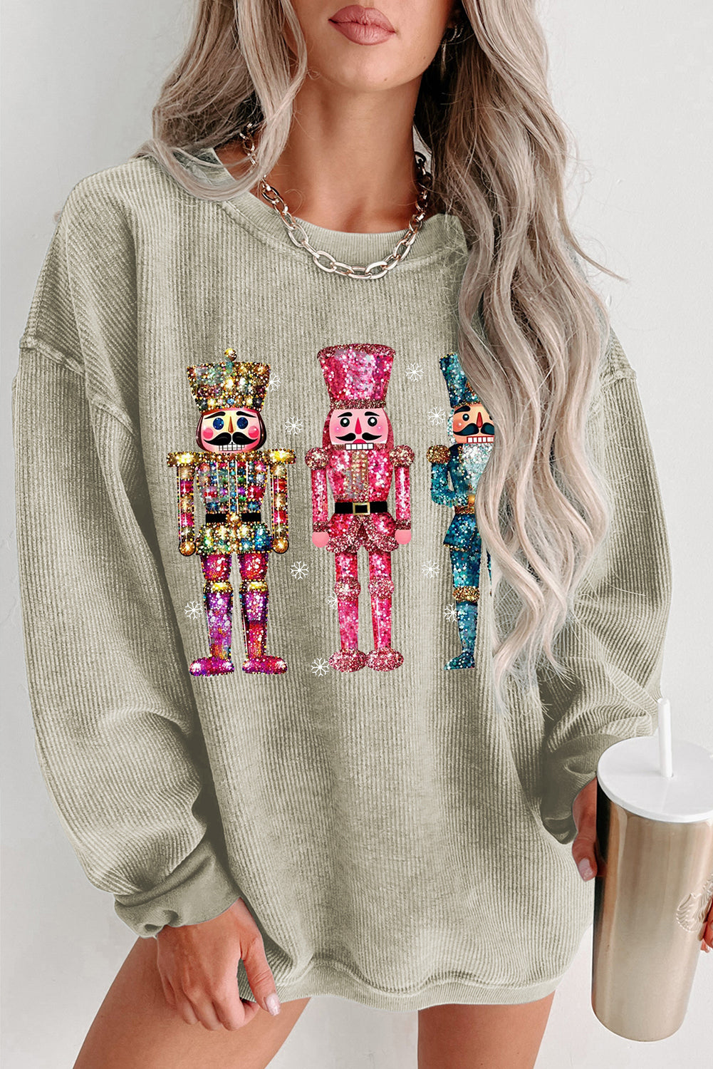 Plain Round Neck Colorful Nutcracker Pattern Pullover Sweatshirt