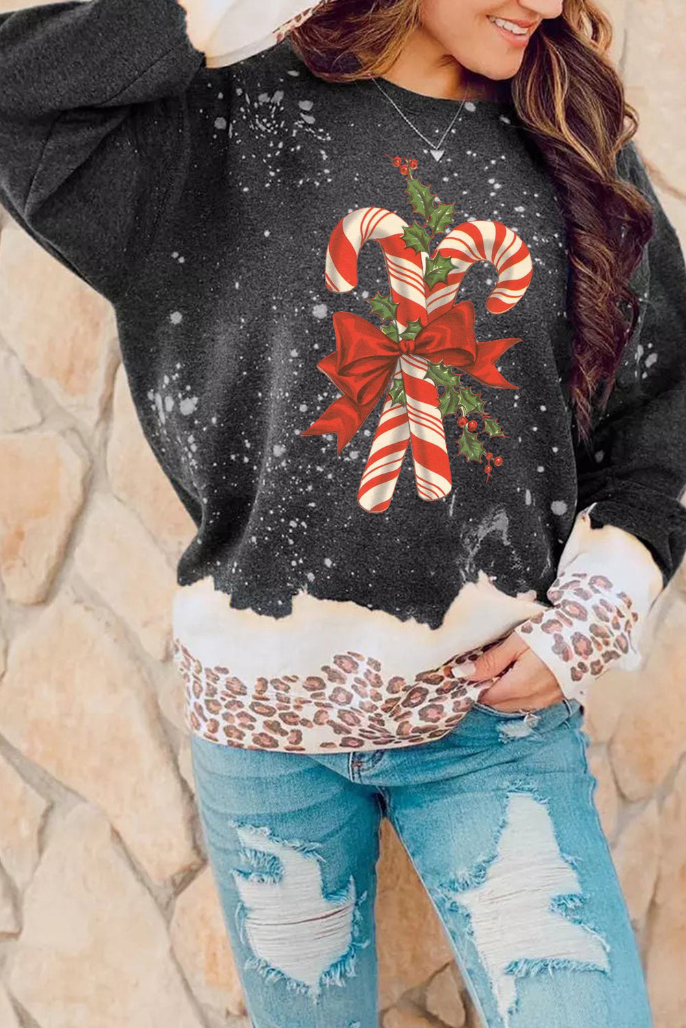 Christmas Cane Candy Pattern Leopard Bleached Pullover Sweatshirt