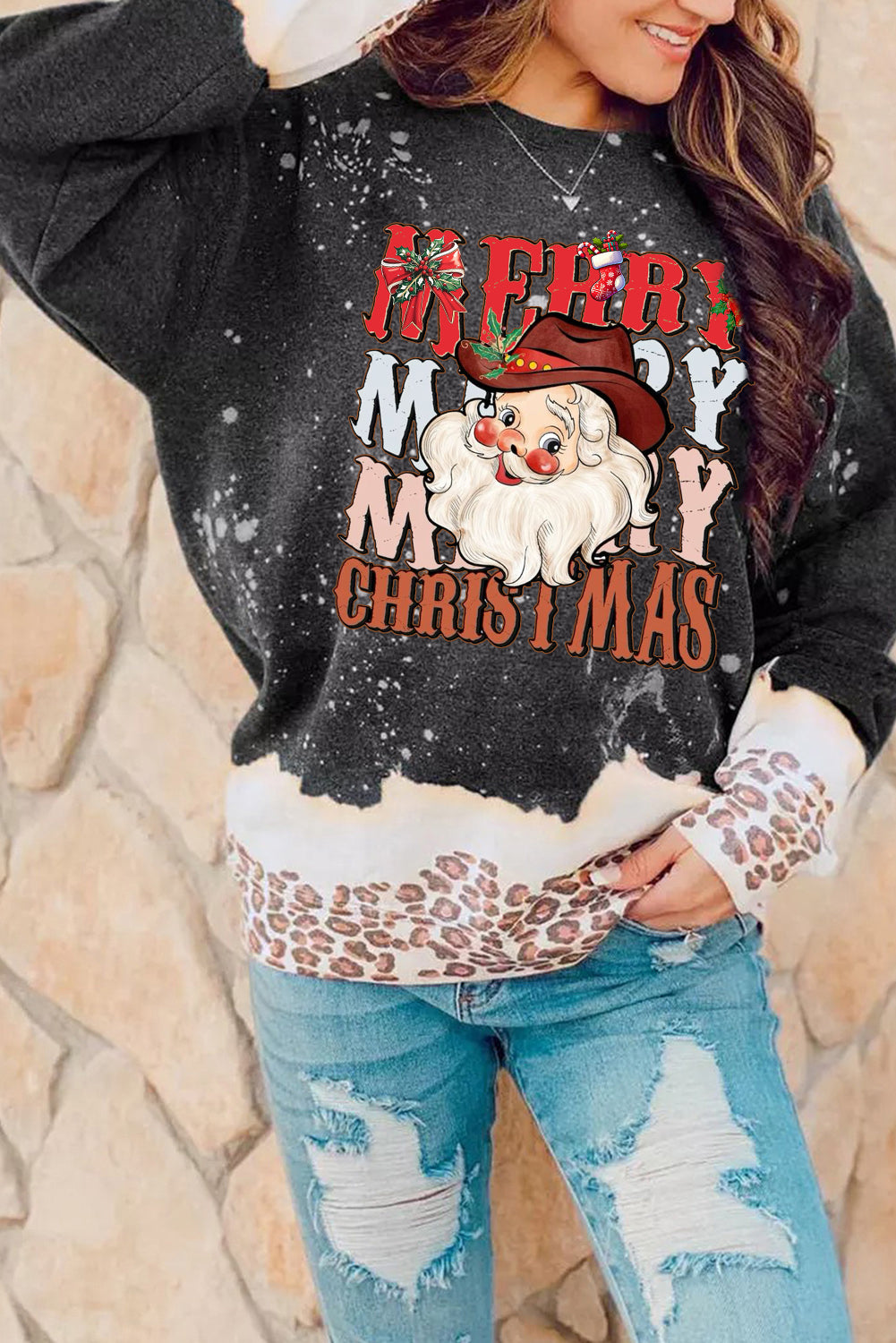 Santa Claus Pattern Black Pullover Sweatshirt