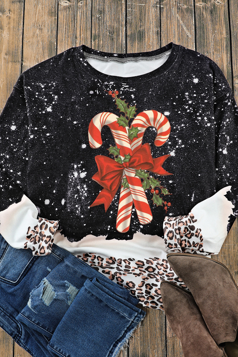 Christmas Cane Candy Pattern Leopard Bleached Pullover Sweatshirt