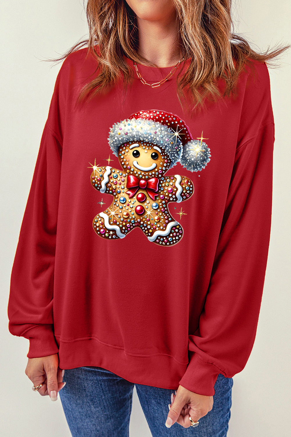 Santa Hat Bear Pattern Crew Neck Pullover Sweatshirt