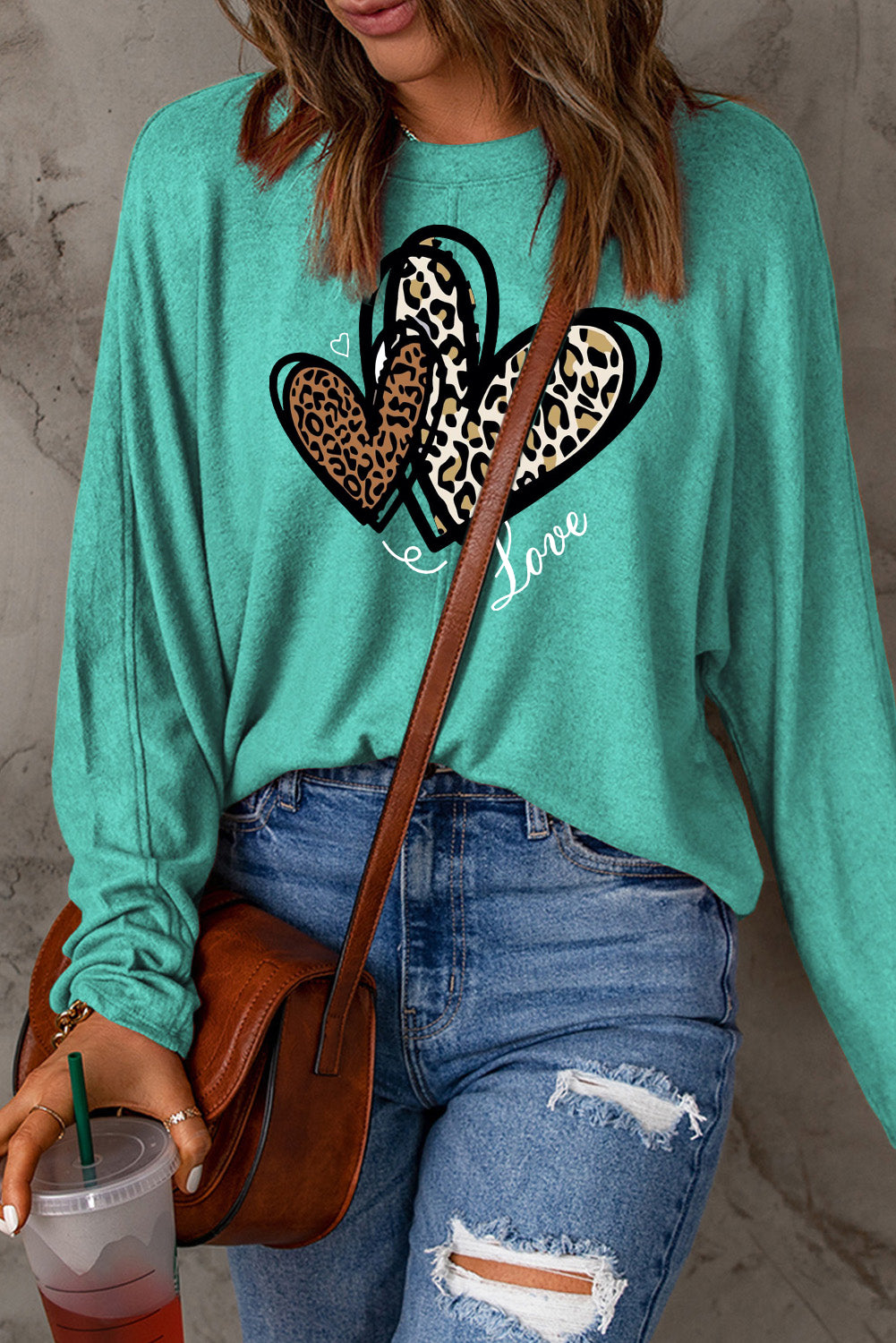 Valentine's Day Heart Leopard Print Patchwork Long Sleeve Knit Top