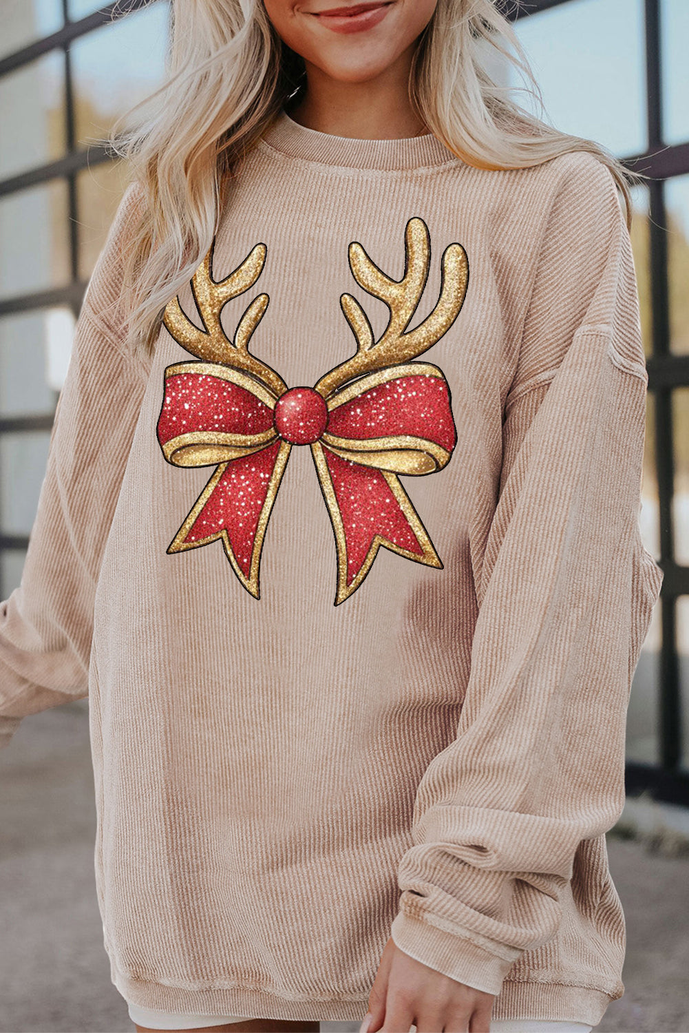 Christmas Round Neck Antler Bow Pattern Pullover Sweatshirt