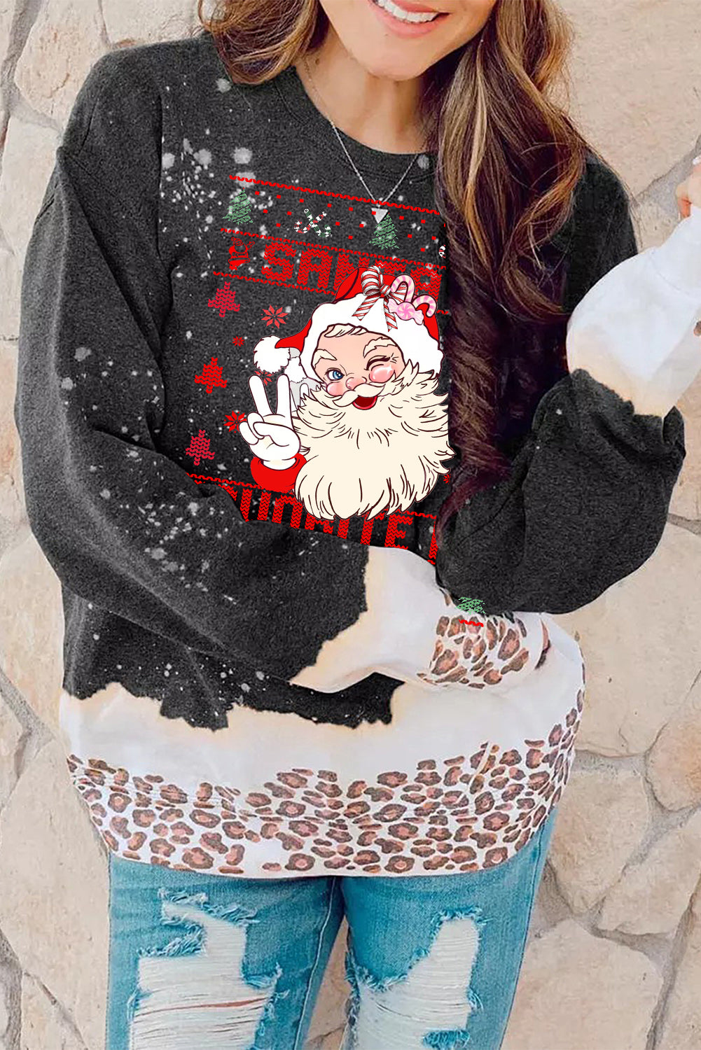 Christmas Santa Leopard Bleached Pullover Sweatshirt