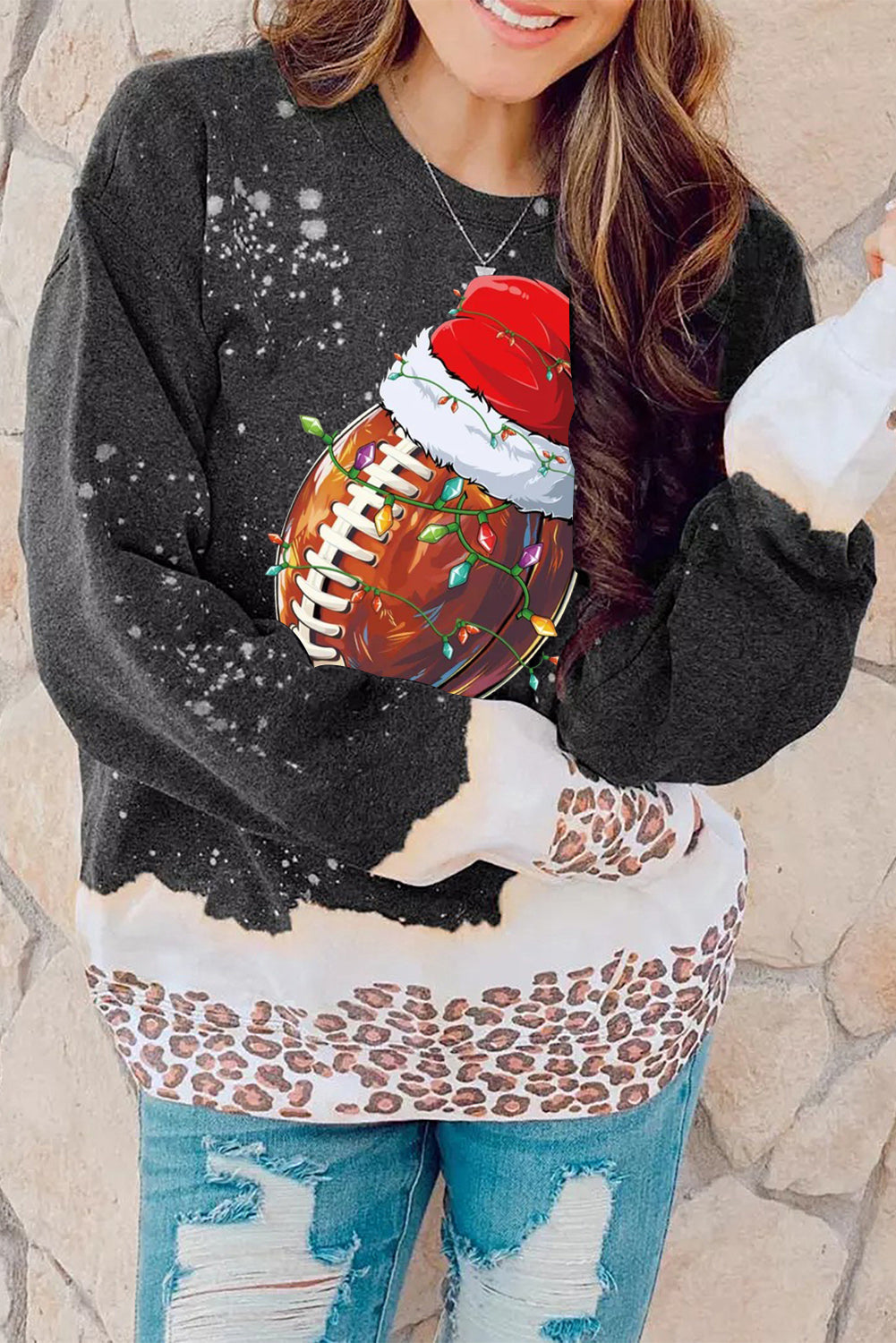 Christmas Rugby Santa Hat Pattern Bleached Pullover Sweatshirt