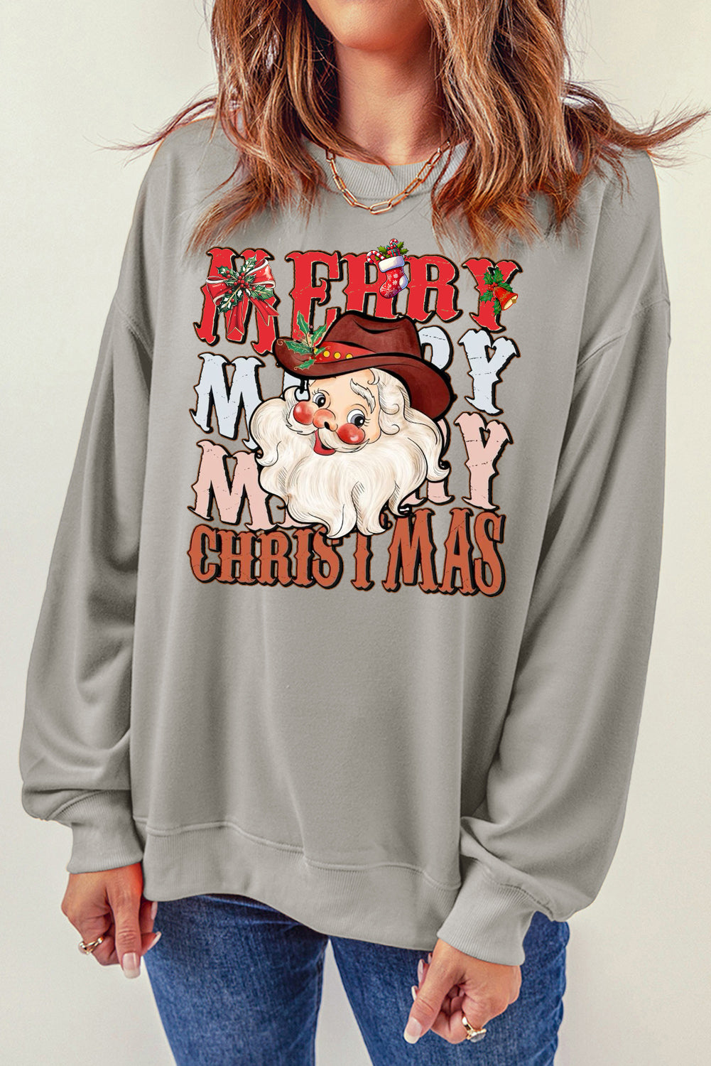 Christmas Round Neck Santa Claus Pattern Pullover Sweatshirt