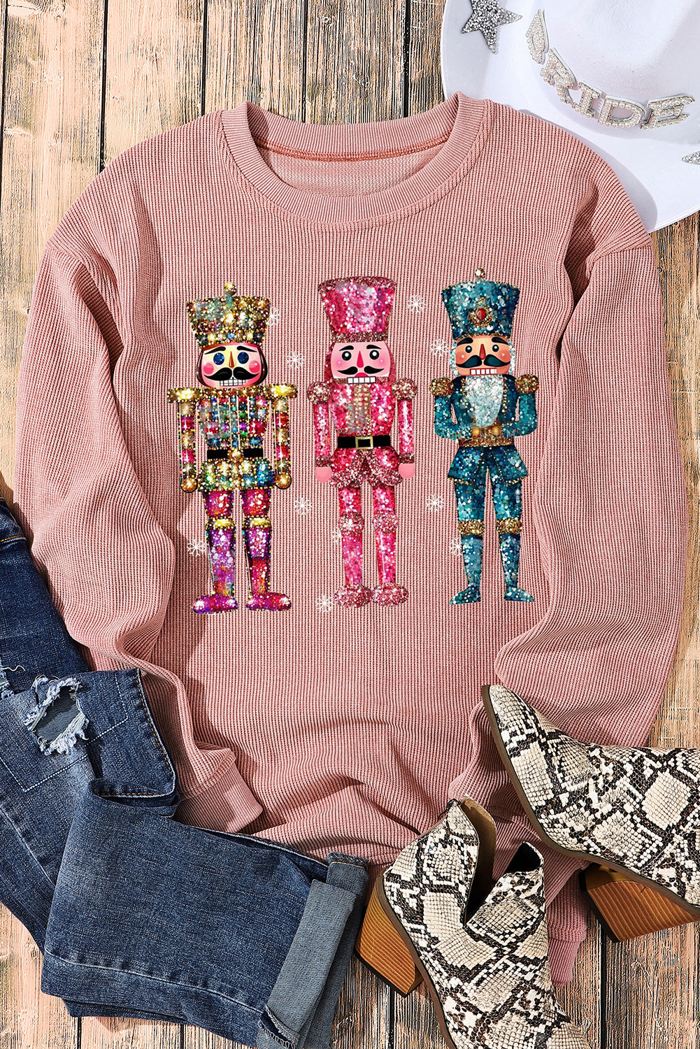 Plain Round Neck Colorful Nutcracker Pattern Pullover Sweatshirt