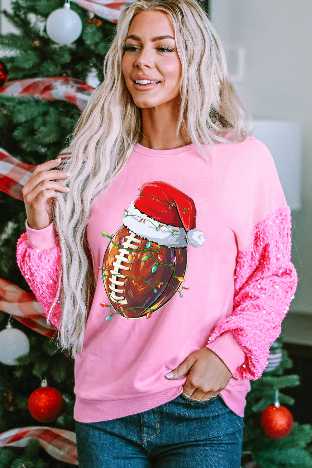 Christmas Rugby Santa Hat Pattern Patchwork Sleeve Pink Pullover Sweater