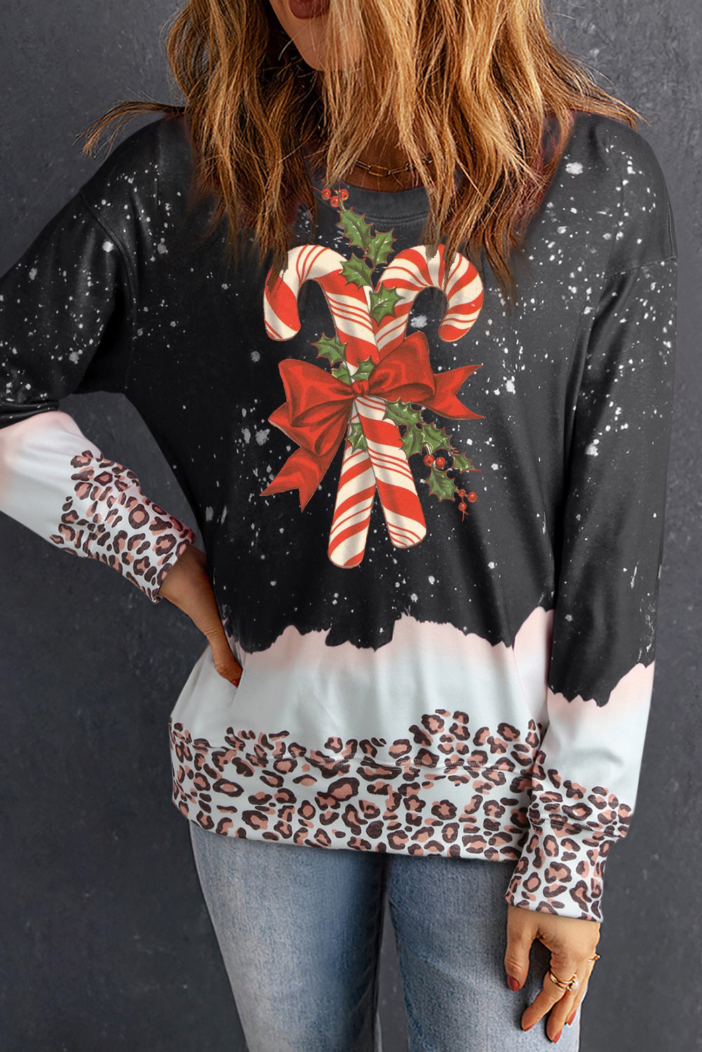 Christmas Cane Candy Pattern Leopard Bleached Pullover Sweatshirt