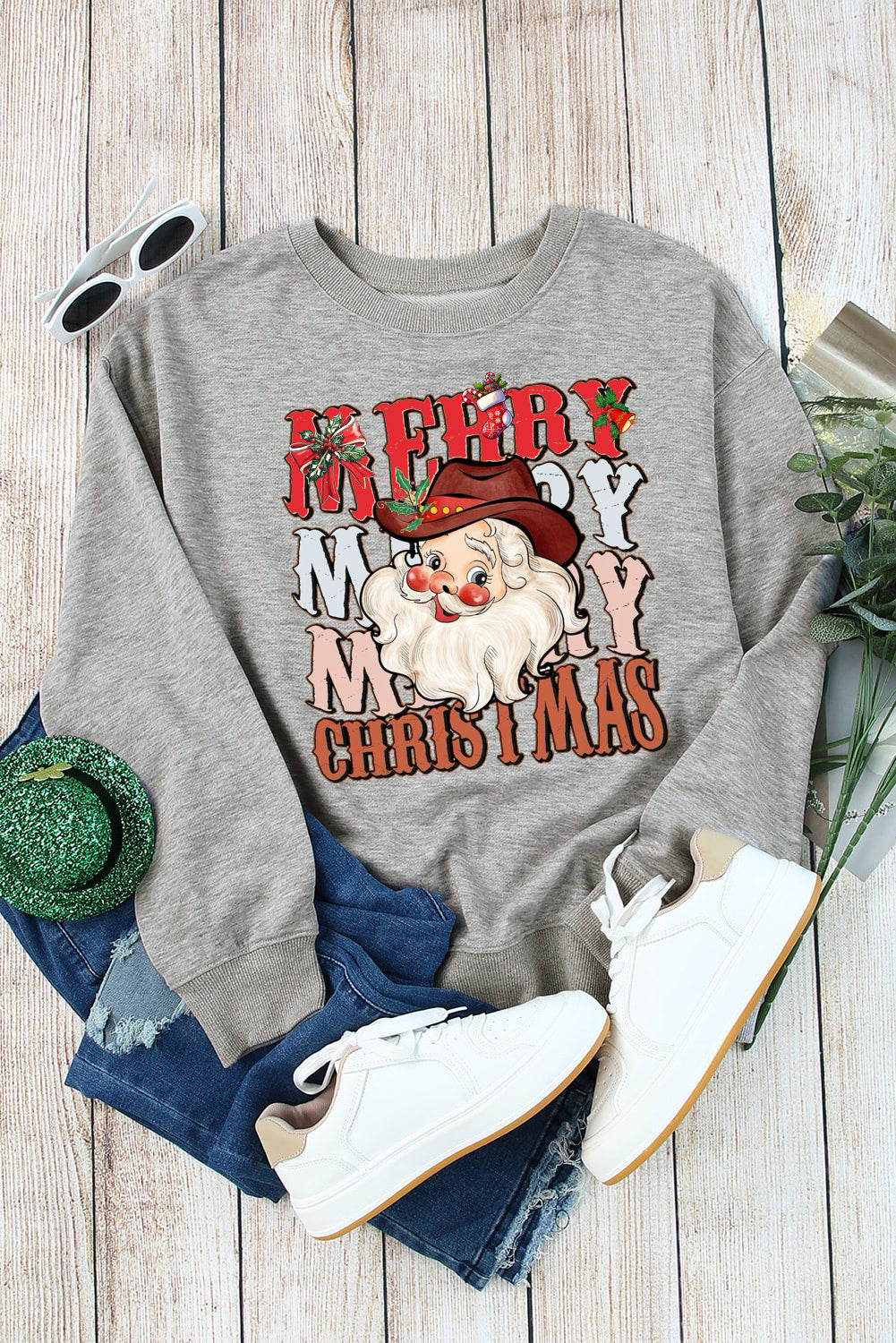 Christmas Round Neck Santa Claus Pattern Pullover Sweatshirt