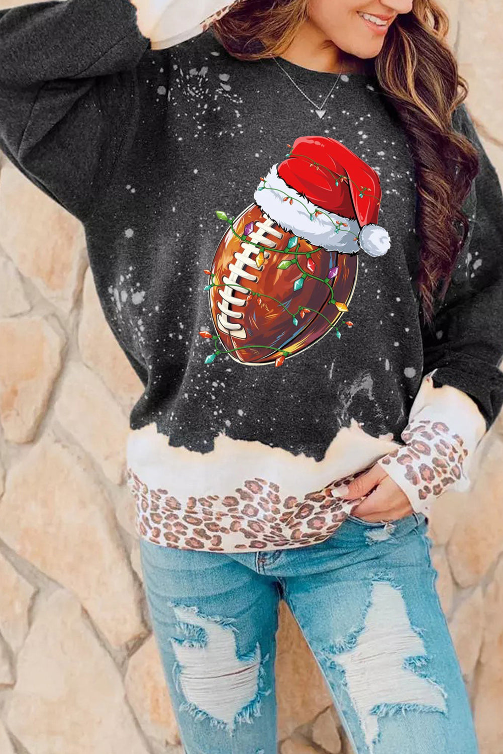 Christmas Rugby Santa Hat Pattern Bleached Pullover Sweatshirt