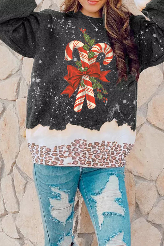 Christmas Cane Candy Pattern Leopard Bleached Pullover Sweatshirt