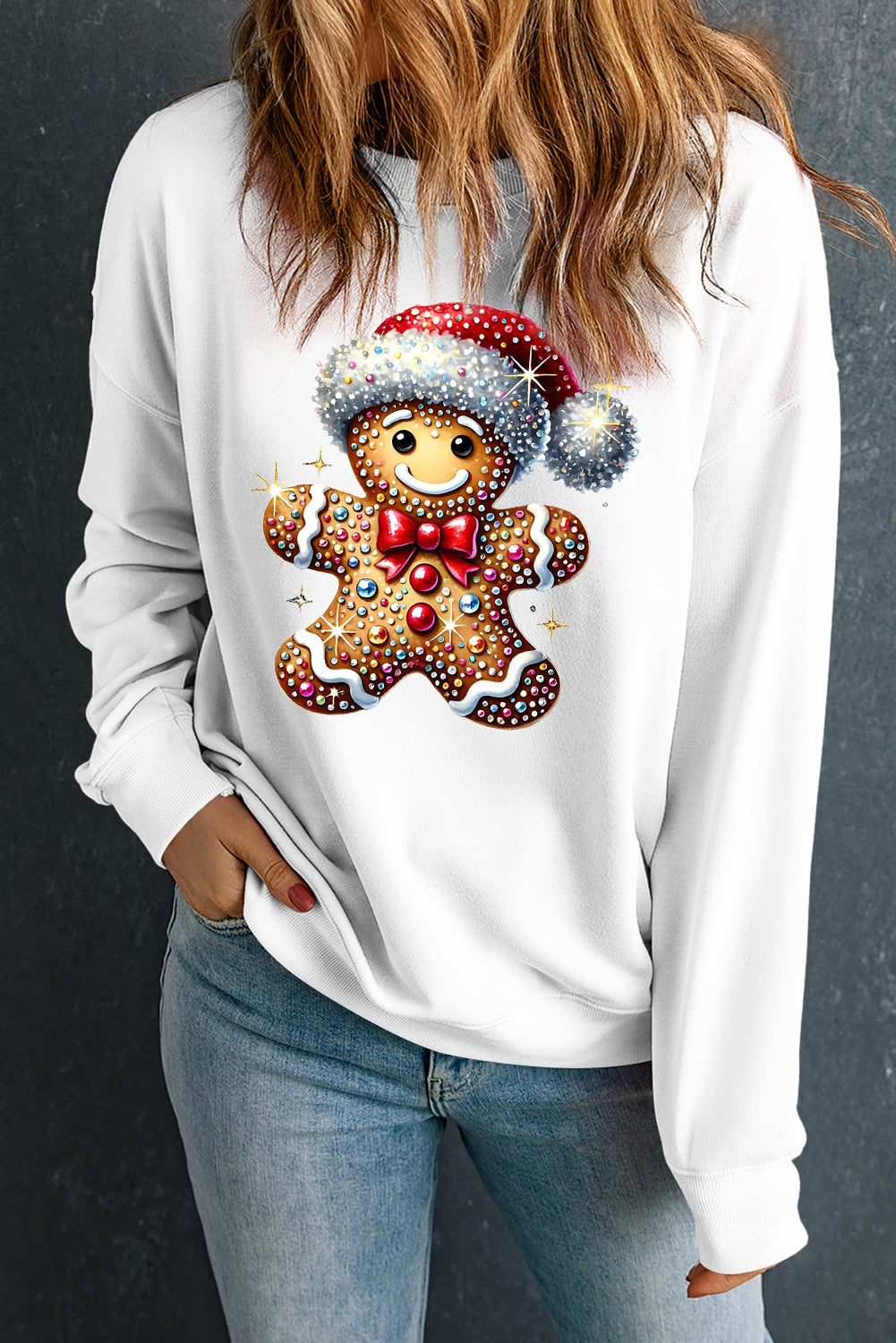 Santa Hat Bear Pattern Crew Neck Pullover Sweatshirt