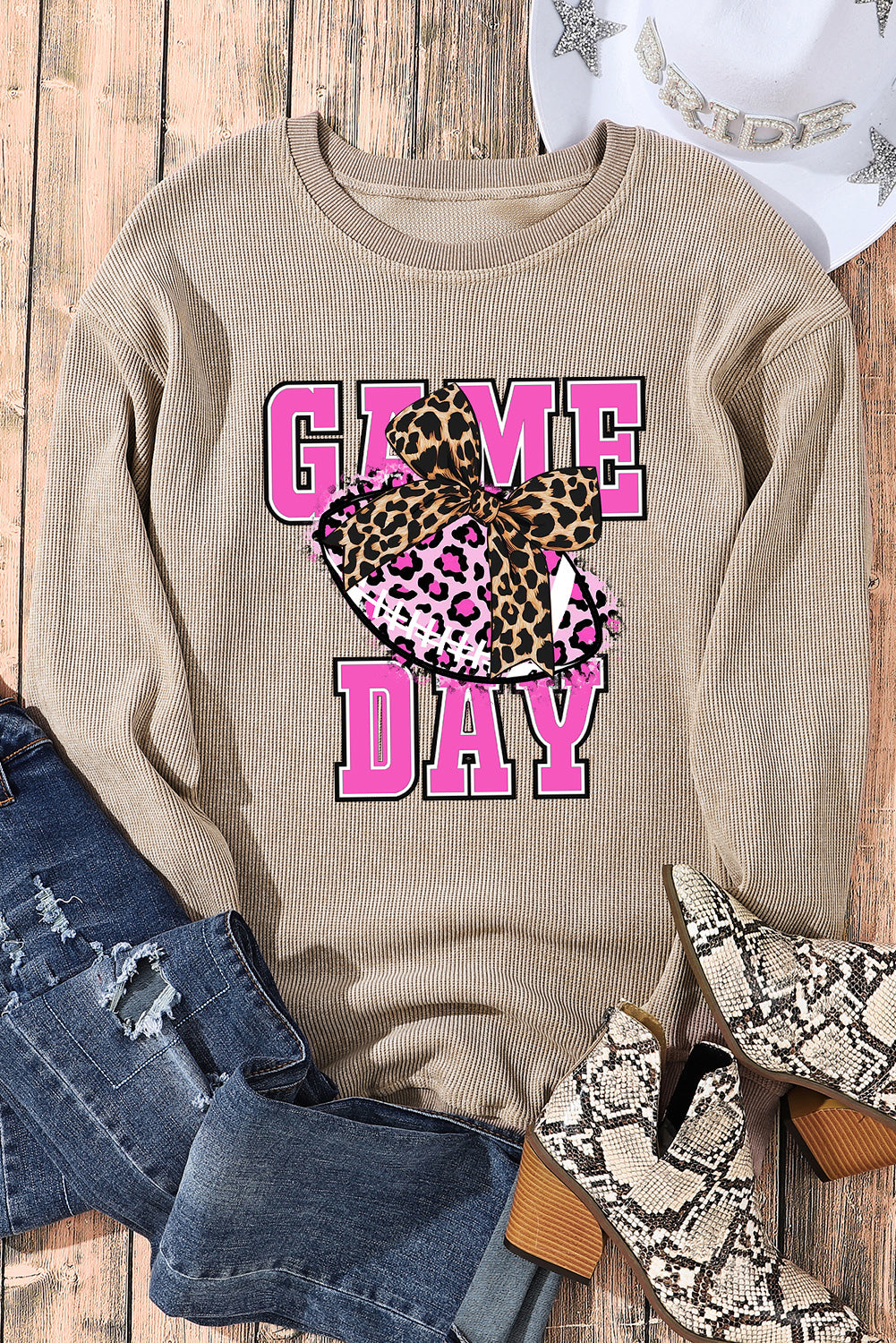 Game Day Bow Rugby Ribbed Knit Crew Neck Pullover Sweatshirt