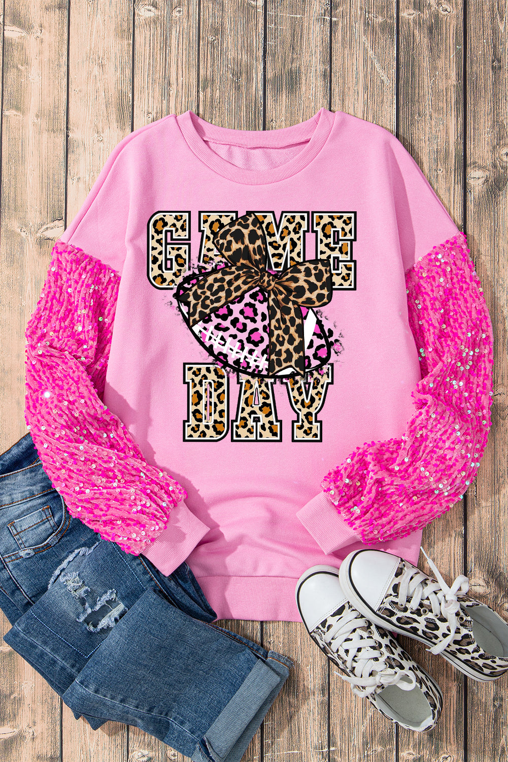 Pink Sequin Leopard Patchwork Pullover Sweater for Game Day