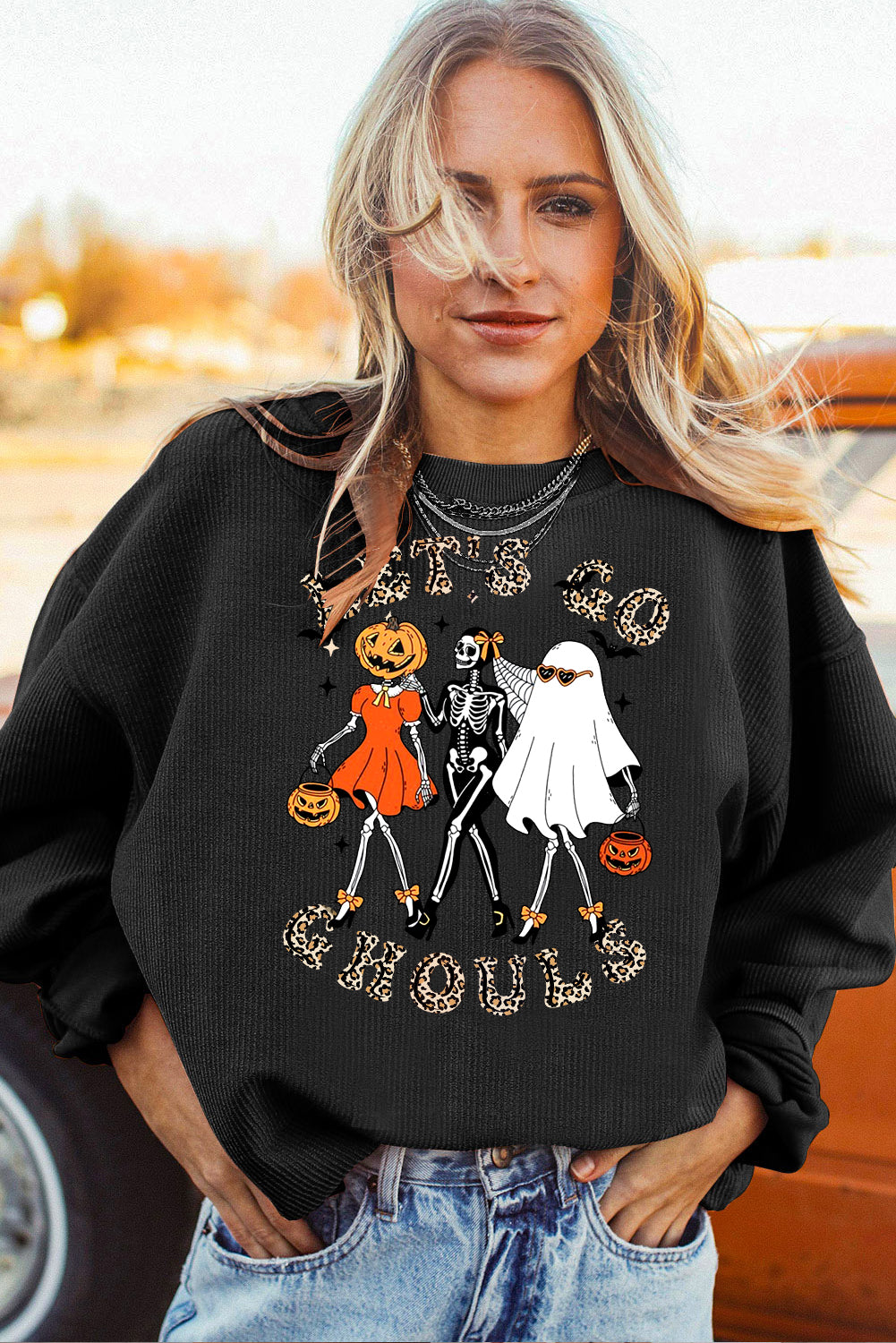 Halloween Spooky Crew Neck Pumpkin Skull Pullover Sweatshirt