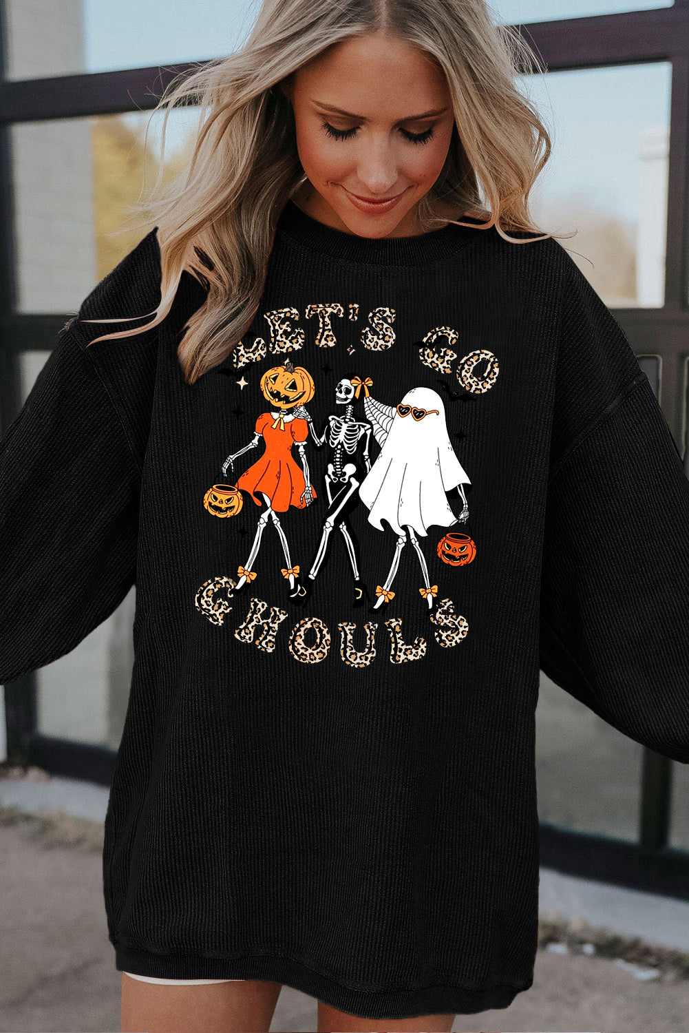 Halloween Spooky Crew Neck Pumpkin Skull Pullover Sweatshirt