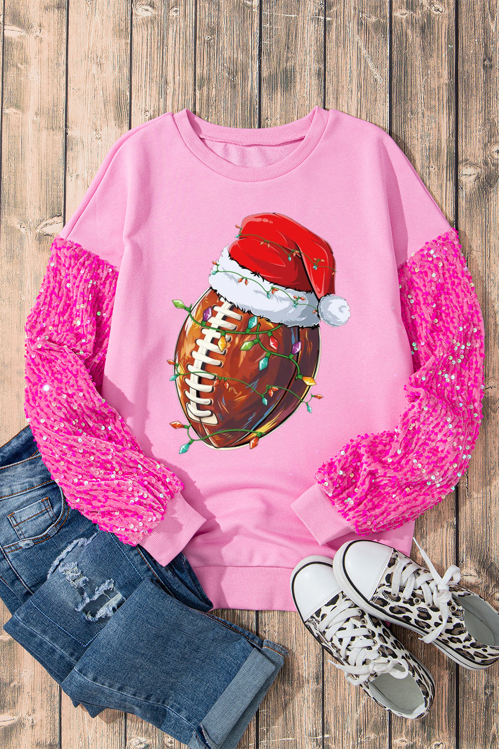 Christmas Rugby Santa Hat Pattern Patchwork Sleeve Pink Pullover Sweater