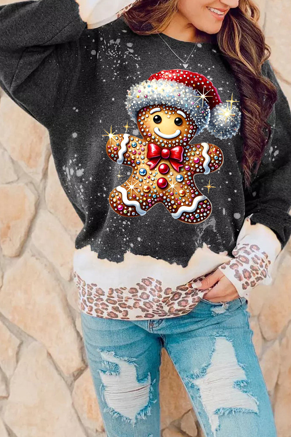 Santa Hat Bear Pattern Bleached Pullover Sweatshirt