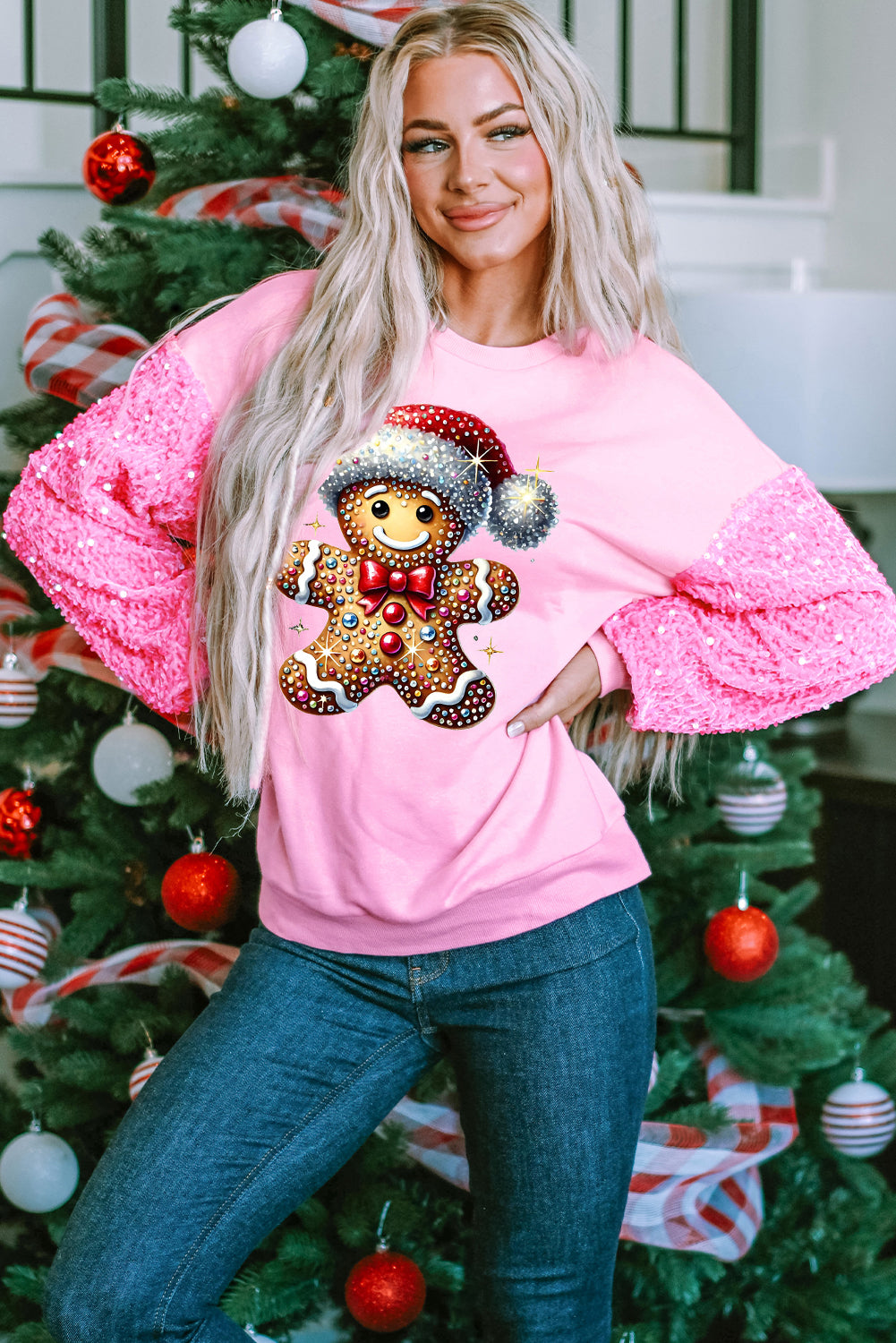 Santa Hat Bear Pattern Patchwork Sleeve Pink Pullover Sweater