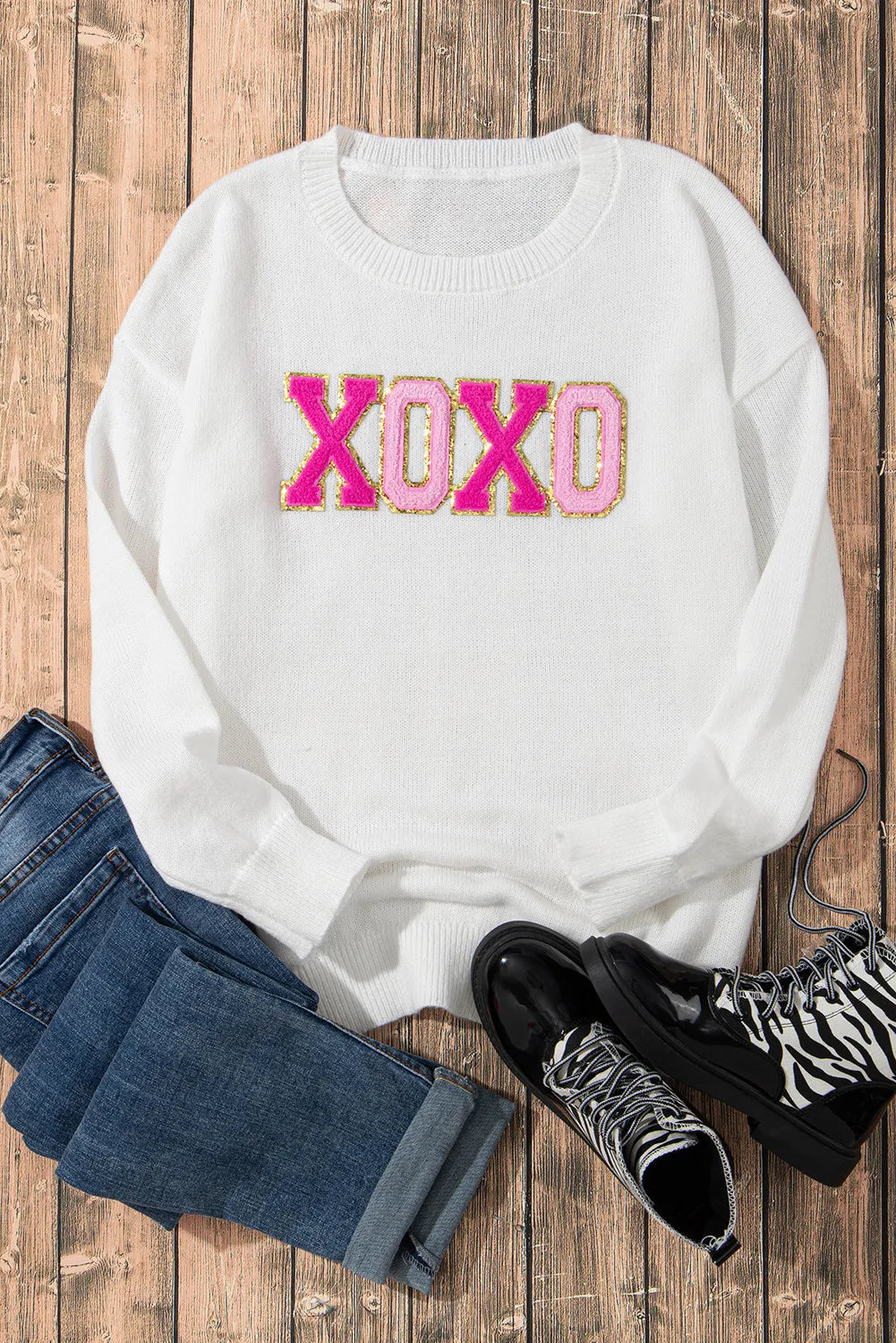 Black XOXO Glitter Print Round Neck Casual Sweater