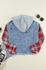 Plaid Print Patchwork Hooded Raw Hem Denim Jacket